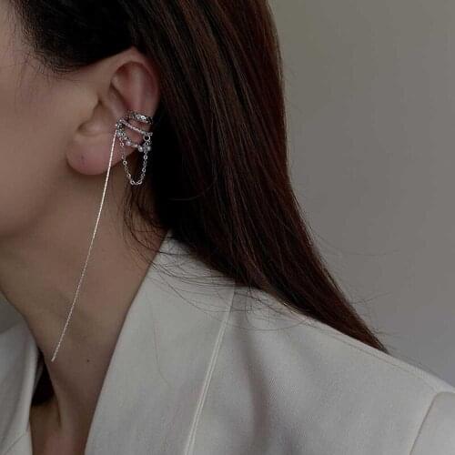 Fashion 1Pcs Multi-Layer Geometric Clip Earrings For Women Shiny Zircon Pearl Ear Bone No Pierced Long Chain Tassel Earring