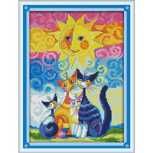Joy Sunday Cartoon Style Cats Under the Sun DMC 14CT 11CT Cross-stitch Embroidery Kits for Christmas Gift