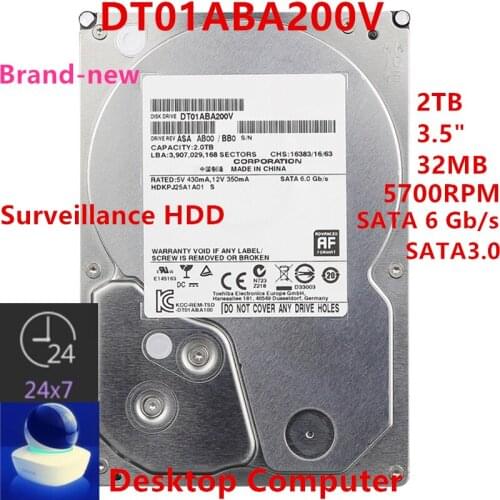 New HDD For Toshiba Brand 2TB 3.5" SATA 6 Gb/s 32MB 5700RPM For Internal HDD For DVR NVR Surveillance HDD For DT01ABA200V