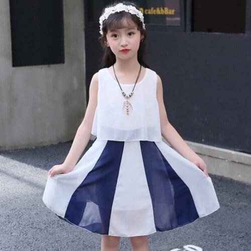 Girls clothes summer new childrens dress fashion chiffon color matching sleeveless 3-14 childrens clothing