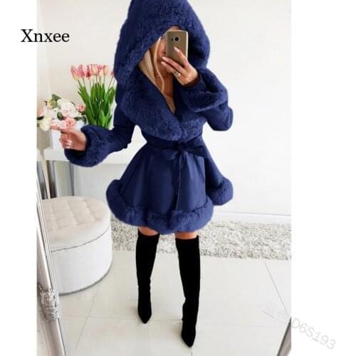 Winter Faux Fur Coat Womens Fashion Large Size Hooded Lapel Belt Skirt Long Coat