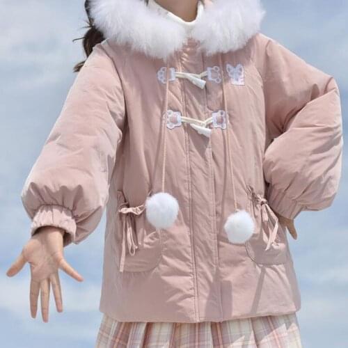 Heydress Japanese Girl Cute Horn Button Cartoon Parkas Women Thick Students Coat Sweet Hooded Parka Pink Fur Collar Outerwears