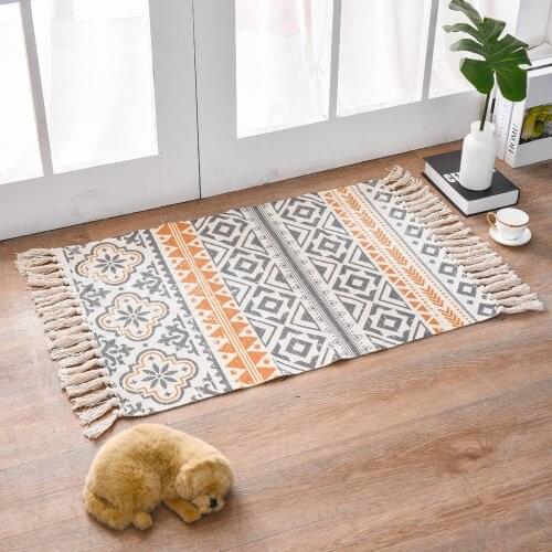 Retro Bohemian Hand Woven Cotton Linen Carpet Rug Bedside Rug Geometric Floor Mat Living Room Bedroom Carpet Home Decor
