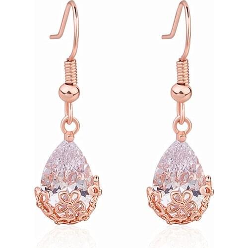 Rose gold tone elegant flower carving AAA zircon diamonds gemstones drop earrings for women fashion brincos jewelry bijoux party