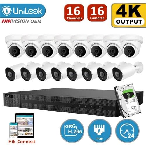 UniLook 16CH NVR 16Pcs 4K 8MP Dome Turret Mixed POE IP Camera NVR Kit Security System Outdoor IP66 Night Vision Onvif H.265 P2P