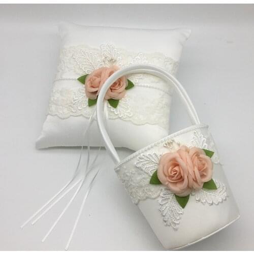 Bridal Wedding Ceremony Rose Flower Pocket Ring Bearer Pillow Cushion and Flower Girl Basket Set, 7.8 Inch x 7.8 Inch (White)