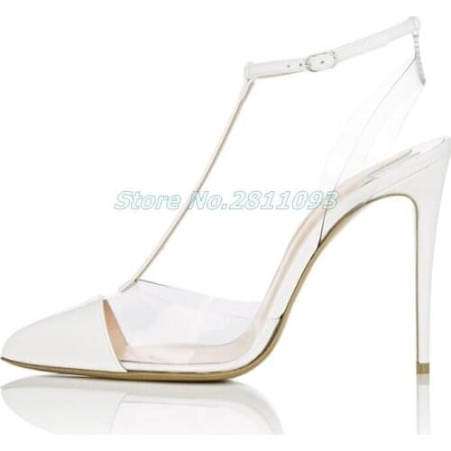 Clear PVC Patchwork T Strap Pumps White Nude Open Toe Sexy Pointed Toe Cut Out Stiletto High Heel Dress High Heels Shoes