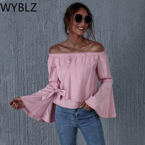 WYBLZ 2021 Summer New Womens Fashion Slash Neck Off Shoulder Bandage Flare Sleeve T Shirt Sexy Solid Backless Patchwork Lady