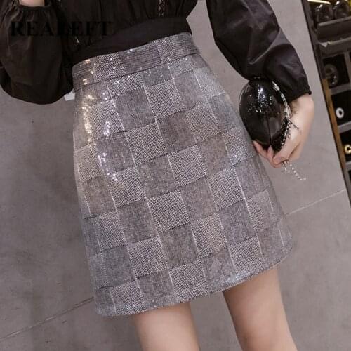 REALEFT 2020 New Autumn Winter Women Plaid Sequined Elegant Mini Skirts Chic High Waist Party A-line Skirt Female Skater Skirts