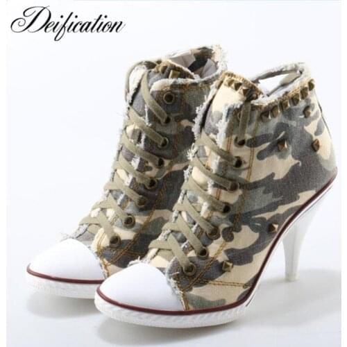 Deification Lace Up Blue Jeans Denim Boots Stylish Rivets Studded Ankle Boots Canvas Casual Demine Pumps Motorcycle Shoes Woman