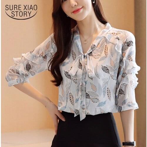 Ladies Tops Short Sleeve Summer Blouse Women Casual Loose V Neck Chiffon Shirts Women Bow Blusas Mujer De Moda 2021 8979 50