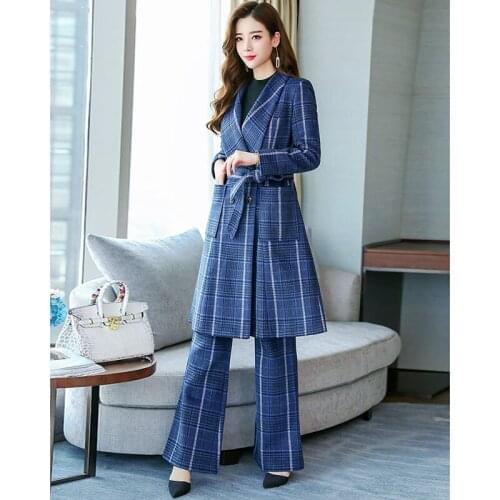 Women Suit Blazer 2019 Spring Autumn Tartan Woolen Coat + Wide Leg Pants 2-piece Suit Double-Breasted Fashion Woolen Suits A449
