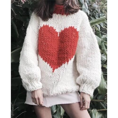 Vintage Women Chunky Yarn Heart Sweater Autumn Winter Long Sleeve Knitted Pullover Sweater Oversized Ladies Jumpers Tops pull