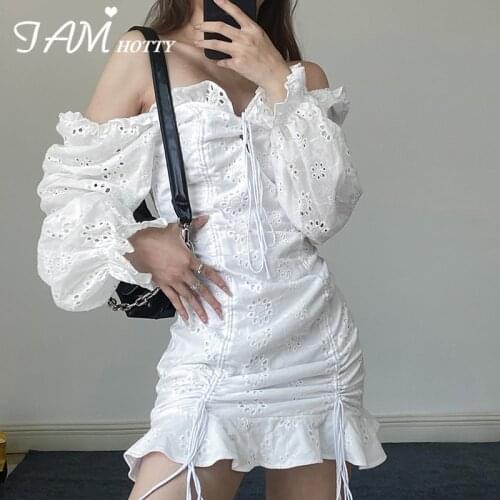 Hook Flower Hollow Out Ruffle Dress Women Elegant Puff Long Sleeve Jacquard Dress Party Evening Mini Robe Korean Style Iamhotty