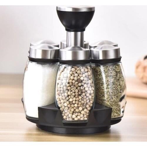 2pcs/lot Household kitchen glass seasoning can rotating seasoning box set stainless steel seasoning bottle 6 seasoning boxes