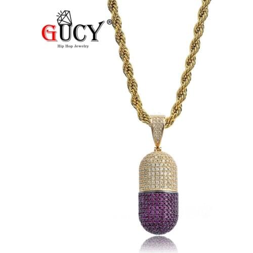 GUCY Hip Hop Capsule Pendant Necklace With 4MM Tennis Chain Gold Color Plated All Iced Out Cubic Zircon Mens Jewelry Gift Party