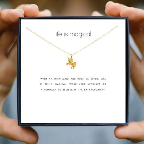 Icareu Gold Pendant Unicorn Necklace Wish White Card Life Is Magical Women Love Jewelri Box Choker Chain Golden Plated Chain