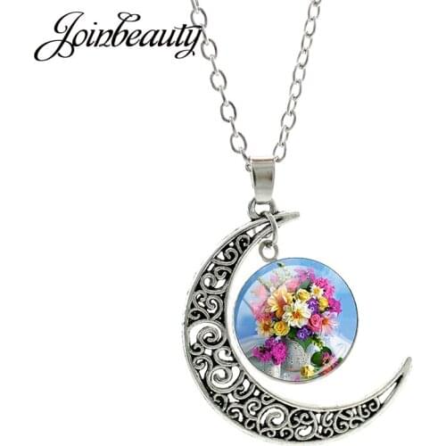 JOINBEAUTY Oil Painting Flowers Moon Pendant Necklace Fashion Women Handmade Long Chain Glass Trendy Jewelry F01