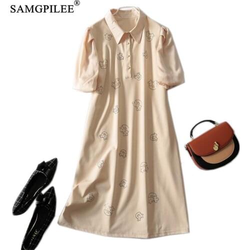 Summer Dresses For Women 2021 New Peter Pan Collar Hot Rhinestone Cartoon Cow Pattern Casual Fashion Short Sleeve Woman Dress