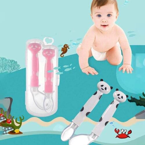 Cartoon Double-sided Soft Head Spoon Storage Box Baby Tableware Case Transparent Baby Silicone Spoon Food Grade Travel Utensils