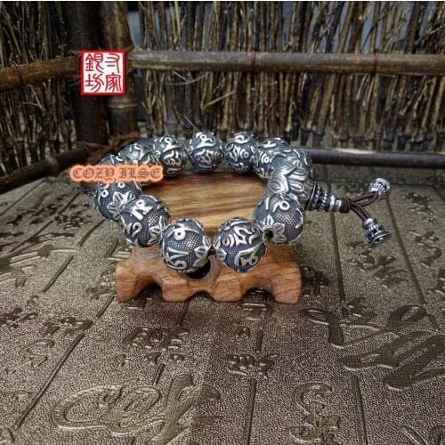 Mens Bodhi Bead Bracelet S999 Pure Silver Vintage Snowflake Fine Silver Beads Bracelets Buddhism Six Letter Scripture Jewelry