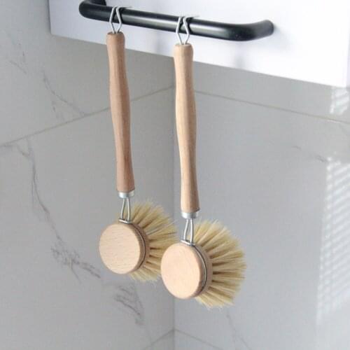 Natural Wooden Long Handle Kitchen Hanging Pan Pot Brush Dish Bowl Washing Cleaning Brushes Kitchen Pot Cleaning Tool