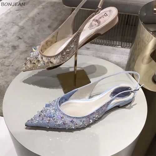 Summer New Pointed Toe Womens Sandals Lace Mesh Crystal Pointed Toe Flat Sandals Buckle Strap Wedding Womens Sandals