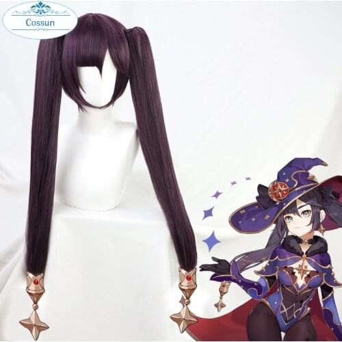 Genshin Impact Mona Cosplay Dark Purple Wig Pigtails Synthetic Long Straight Heat Resistant Halloween Women Free Wig Cap