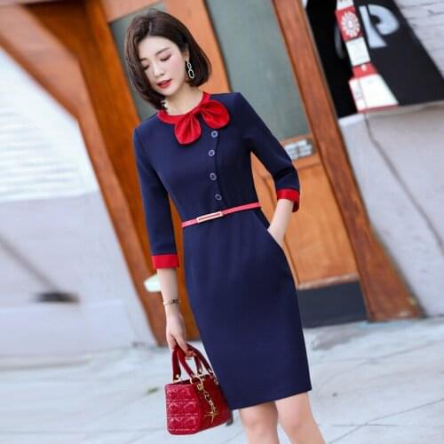 Half Sleeve Dresses Slim Hips Dress for Women Elegant Professional Business Work Wear Dress Beauty Salon Vestidos with Belt