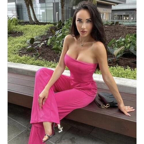 Luxury High Street Summer Fashion Sexy Strapless Backless Pink Bodycon Women Jumpsuit 2021 Celebrity Designer Fashion Rompers