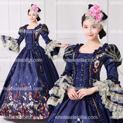 Brand New Dark Blue Lace Printed Marie Antoinette Dress Southern Belle Victorian Period Ball Gown Reenactment Women Clothing
