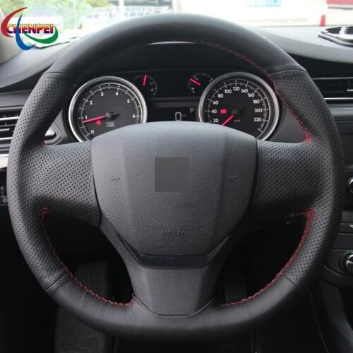 DIY Hand-Stitched Non-slip Black Leather Car Steering Wheel Cover For Peugeot 408 2014-2019 Travel Car Interior Accessories
