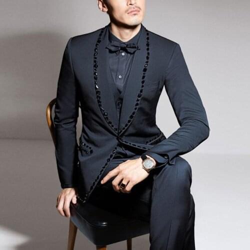 Navy Blue Rhonestone Men Suits Stunning 3 Piece Groom Tuxedo for Wedding Prom with Shawl Lapel Custom Man Fashion Clothes 2020