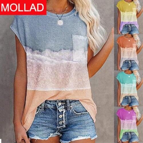2021 Summer European and American Womens Clothing Pocket Printed round Neck Drop Shoulder Short Sleeve T-shirt for Women
