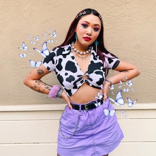 Newest Fashion Summer Tops Women Tshirt Sexy Short Sleeve Deep V Neck Cow Striped Printed Casual Tops T-shirt