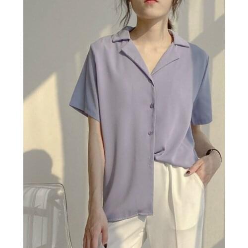 Womens tops and blouses 2020 korean fashion clothing Button Short Chiffon Office Lady Solid Notched white shirts for women 0627