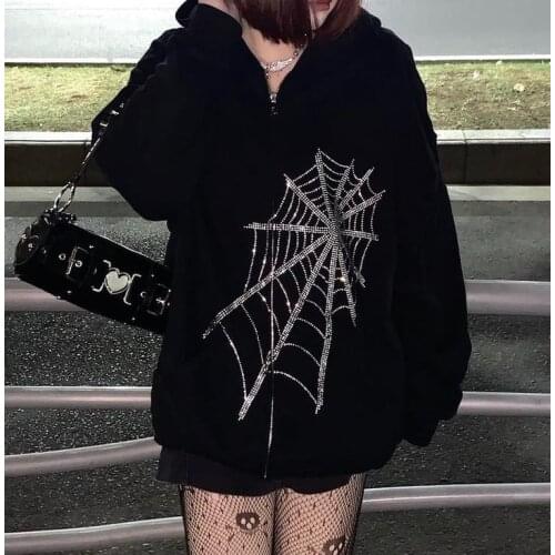 Womens Oversized Zip Up Hoodie Rhinestone Spider Web Print Long Sleeve Loose Hooded Sweatshirts Ladies Casual Hoodie Cardigan