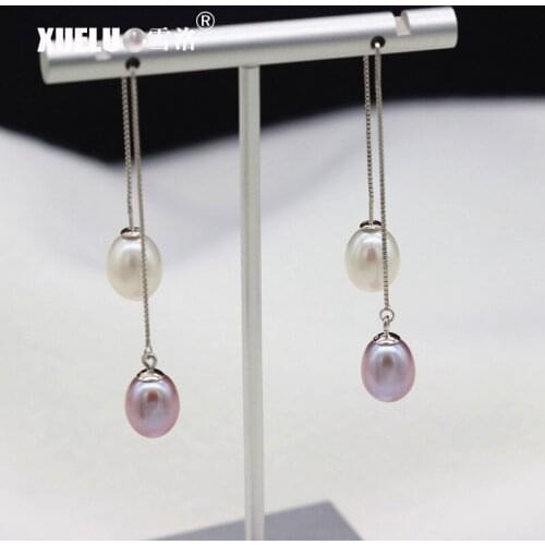 Fashion Womens Jewelry Sterling Silver Long Line Double Genuine Cultured Freshwater Pearl Earrings