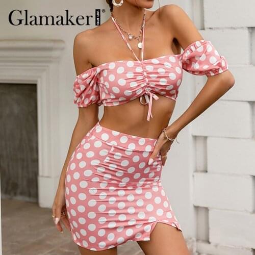 Glamaker Dot pink 2 piece suits Women sexy shir Puff sleeve vintage crop top and slim skirt Bodycon off shoulder summer sets new