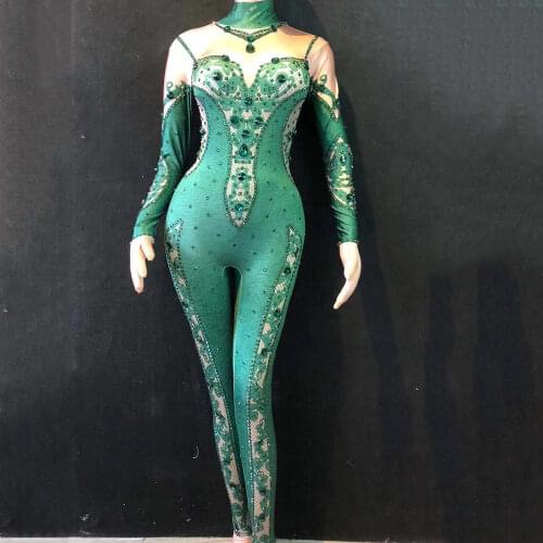 Sparkly Green Rhinestones Women Long Sleeve Tight Stretch Jumpsuits Backless Print Bodysuit Leotard Singer Stage Wear Costumes