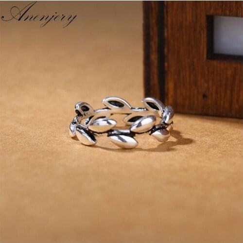 ANENJERY 925 Sterling Silver Rings For Women Thai Silver Jewelry Branch Ethnic Leaves Opening Index Finger Ring S-R271