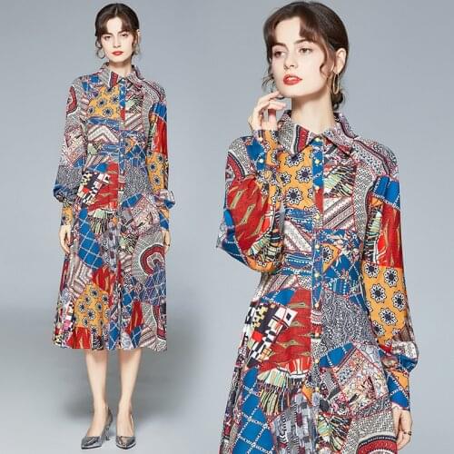 Elegant Retro Floral Print National European American Style Spring/Autumn Full Buttom Midi Shirt Dresses Women Fashion Big Swing