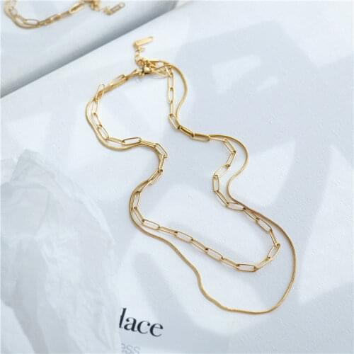 2021 New Streetwear Dainty Necklace Stainless Steel 2 Rows Snake Paper Clip Chain Necklace For Women Girls Trendy Jewelry Gift