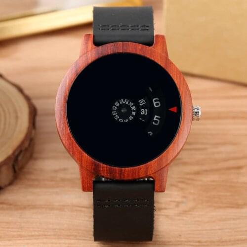 Minimalist Turntable Wood Watch Unique Fan-shaped Dial Art Design Quartz Red Sandalwood Case Leather Band Male Wristwatch reloj