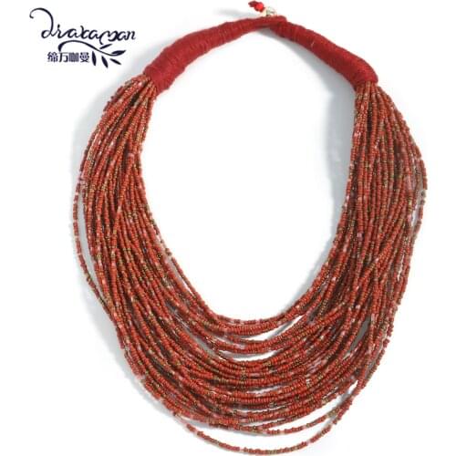 Dvacaman 2021 New Luxury Red Color Multilayered Glass Beaded Oversized Necklace for Women Retro Statement Necklace Jewelry Party