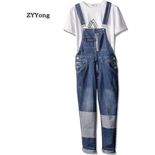 Fahsion Man Jeans Bib Overalls Multi-Pocket Splice Style Streetwear Hip Hop Denim Jumpsuits Trousers Blue Leisure Freight Pants