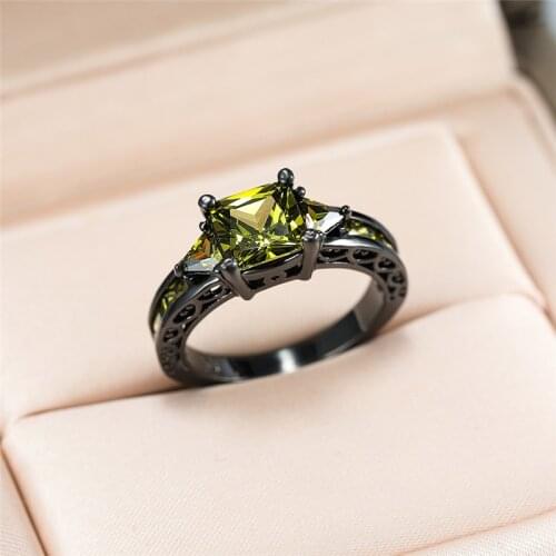 Dainty Female Olive Green Crystal Ring Charm 14KT Black Gold Wedding Rings For Women Punk Bride Square Zircon Engagement Ring