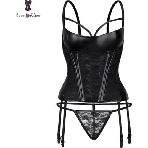 Women Sexy Lingerie Floral Lace Boned Corsage Corsets Three Quarters Padded Cup Bustier Top With Suspenders