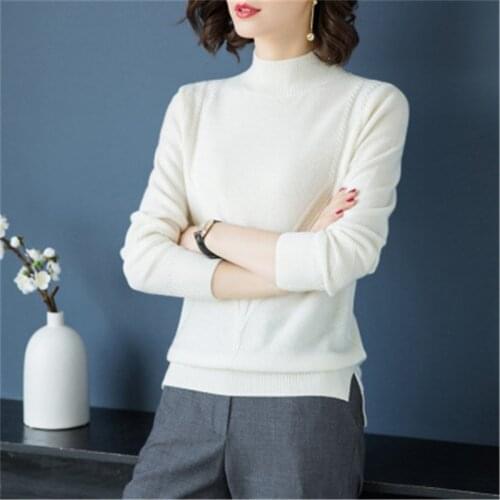 Korean style 100%goat cashmere solid knit women half high collar open hem short loose pullover sweater white 5color M-XL