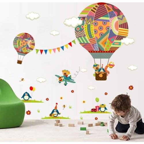 Cartoon animal hot air balloon Wall Sticker bedroom kids room Baby room Background Mural Home Decor art Decals nursery Stickers